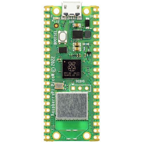 Ein grünes Raspberry Pi Pico W Mikrocontroller-Board mit mehreren sichtbaren Komponenten und Anschlüssen, einschließlich USB-Anschluss.